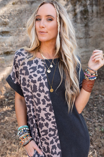 Black Contrast Solid Leopard Short Sleeve T-shirt Dress with Slits