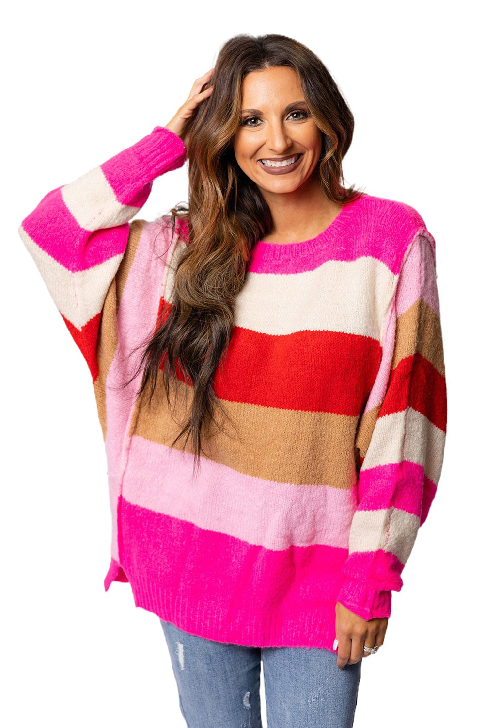 Red Mix Horizon Stripes Dolman Sleeve Sweater