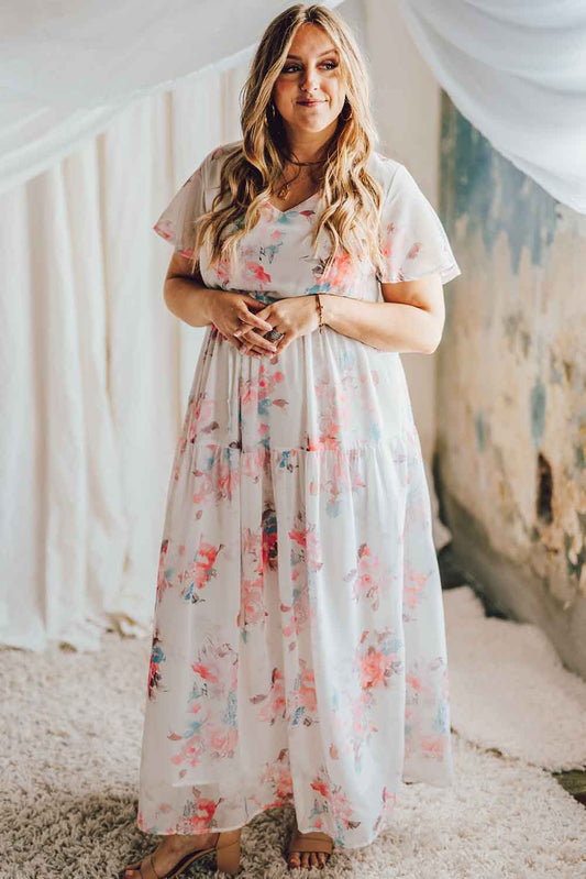 White Floral Print Lace-up High Waist Plus Size Maxi Dress