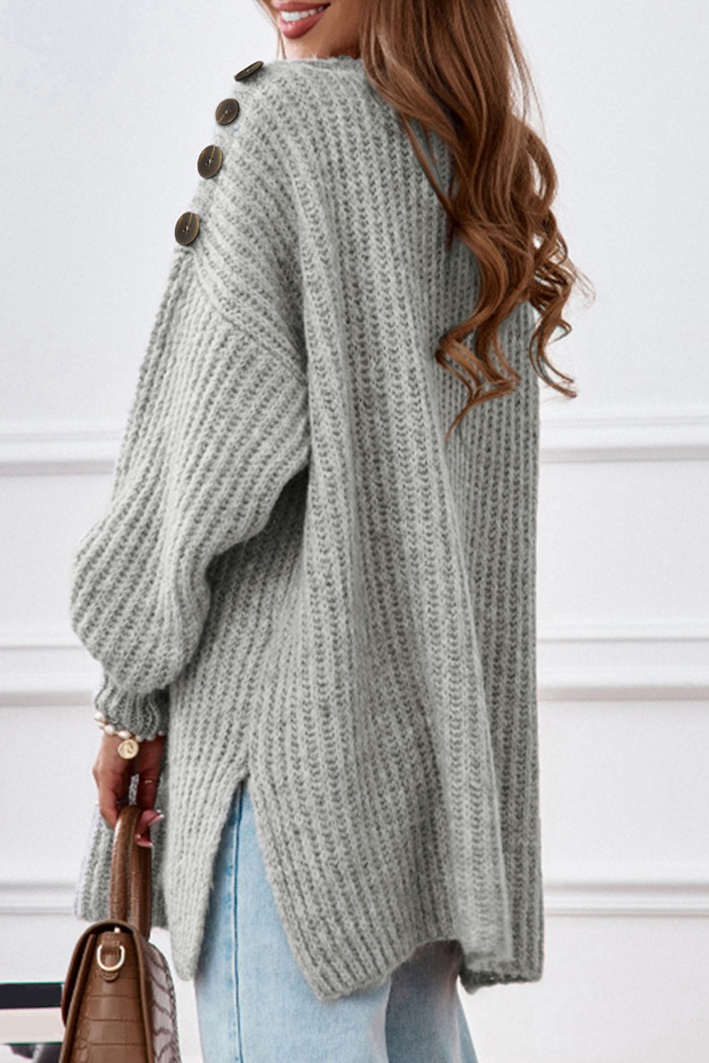 Gray Buttoned Drop Shoulder Oversized Sweater