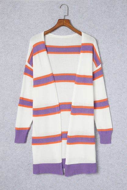 Multicolor Striped Long Sleeve Ribbed Trim Button Cardigan