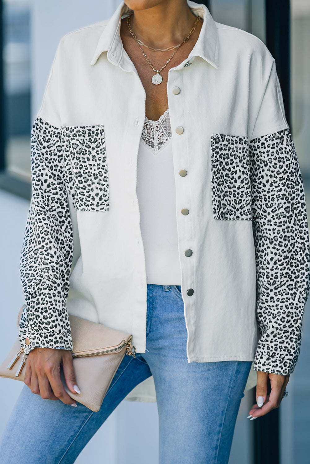 Sky Blue Contrast Leopard Denim Jacket