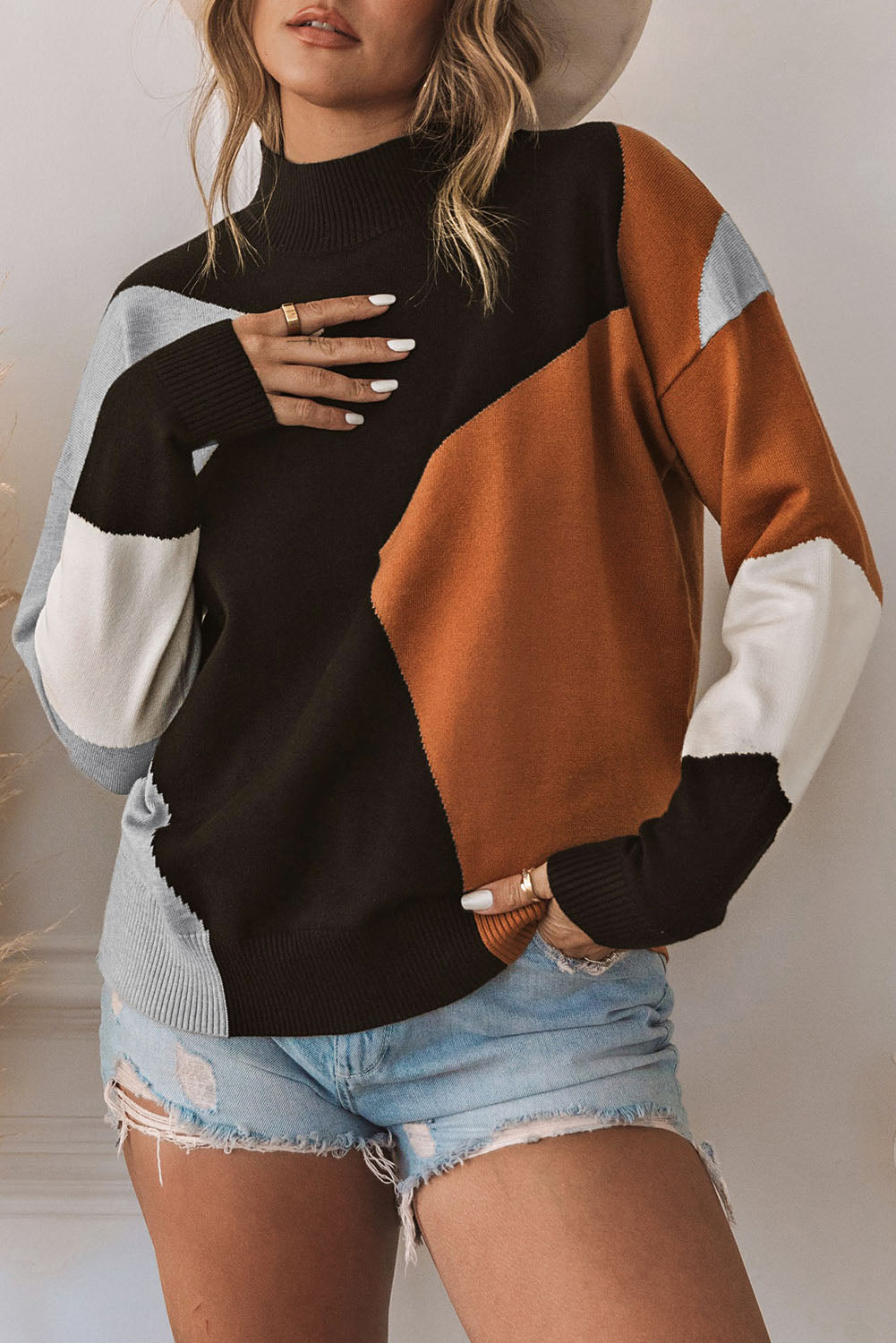 Orange Color Block Mock Neck Drop Shoulder Knit Sweater