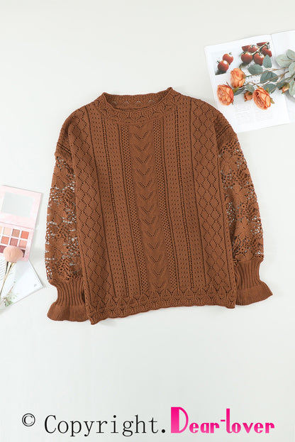 Apricot Crochet Lace Pointelle Knit Sweater