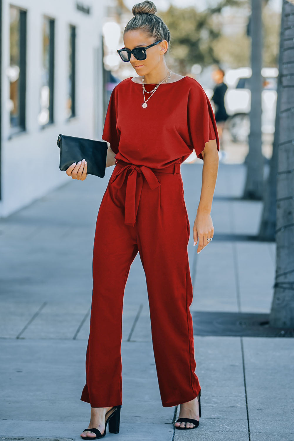 Red Belted Wide Leg Jumpsuit