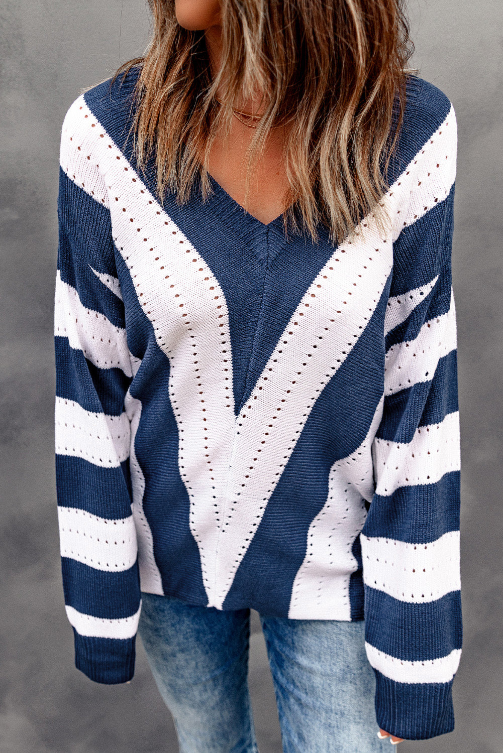 Gray Striped Colorblock V Neck Knitted Sweater