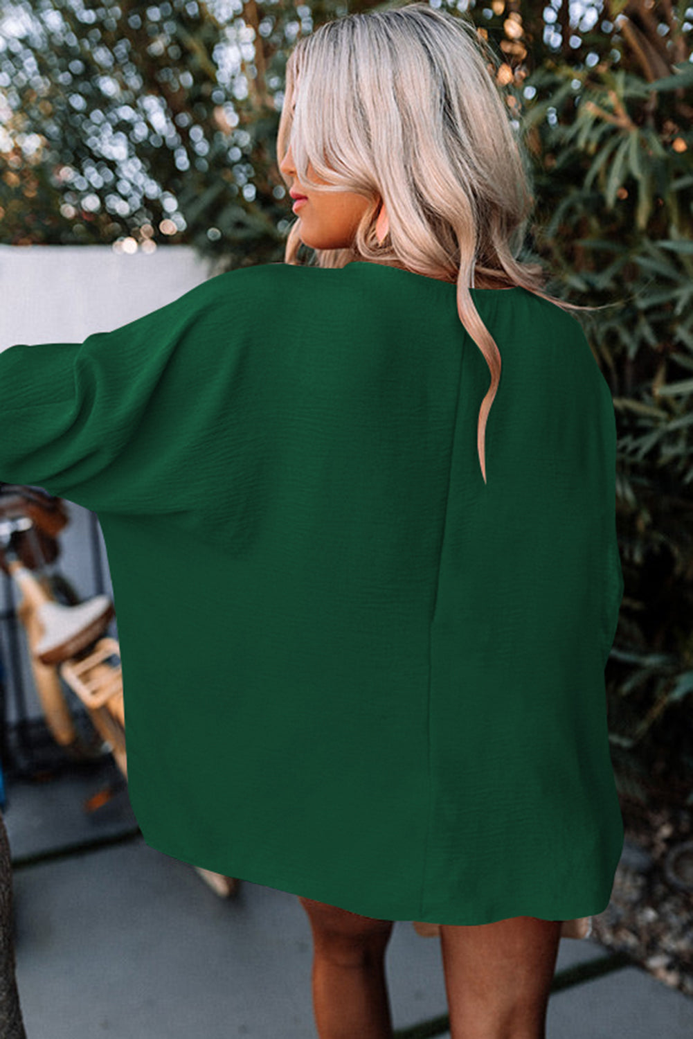 Green Crinkle Texture Puff Sleeve Plus Size Top