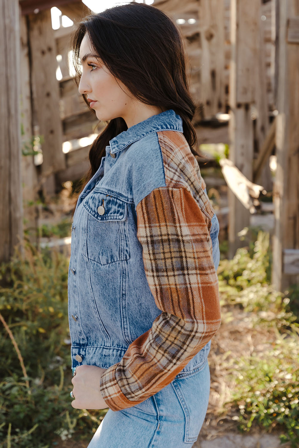 Sky Blue Medium Wash Plaid Sleeves Denim Jacket