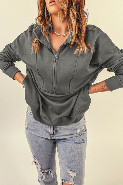 Gray Solid Color Zip Collar Sweatshirt with Pockets