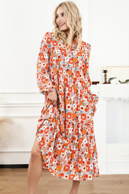 Multicolor Boho Floral Collared Long Sleeve Ruffled Dress