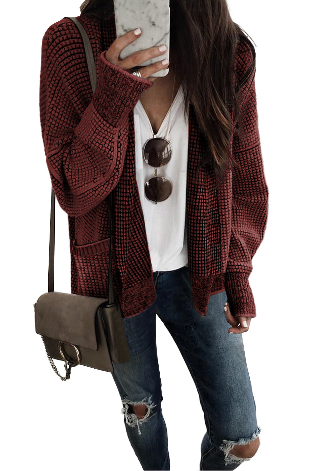 Rose Plaid Knitted Long Open Front Cardigan