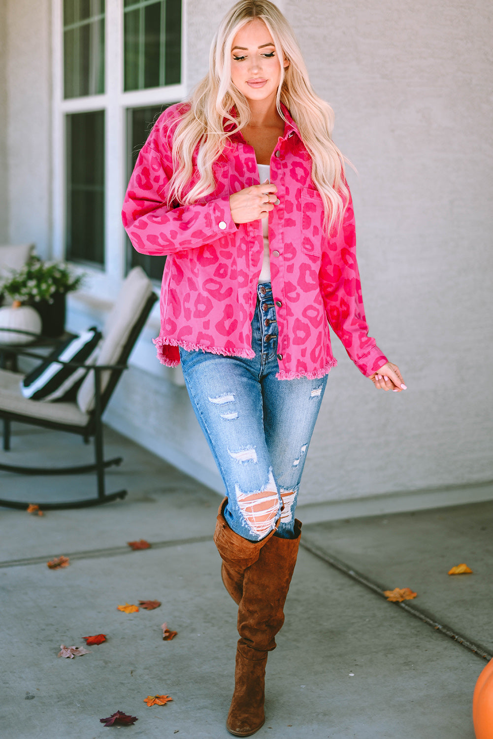 Pink Leopard Print Button Cuffs Raw Hem Jacket