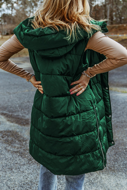 Black Hooded Long Quilted Vest Coat