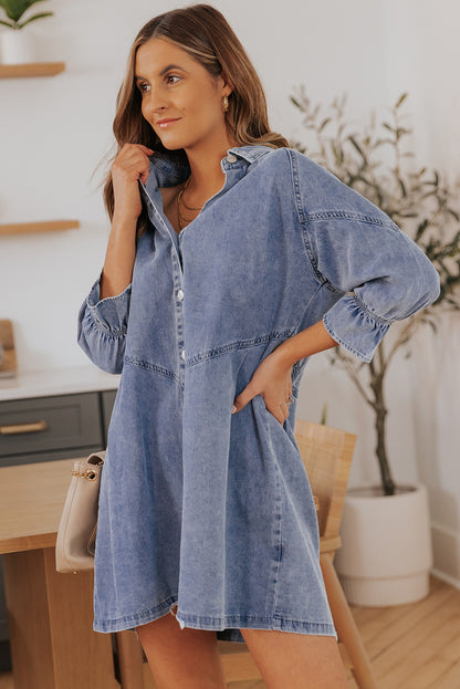 Sky Blue Buttoned Long Sleeve Denim Mini Dress