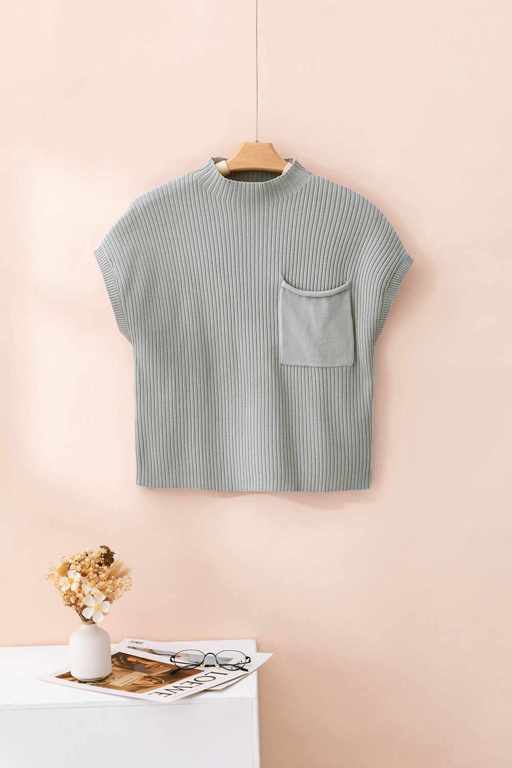 Gold Flame Patch Pocket Ribbed Knit Short Sleeve Sweater