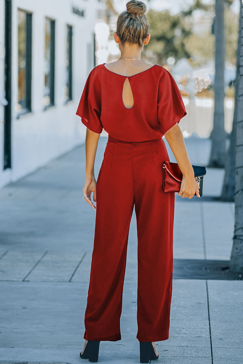 Red Belted Wide Leg Jumpsuit