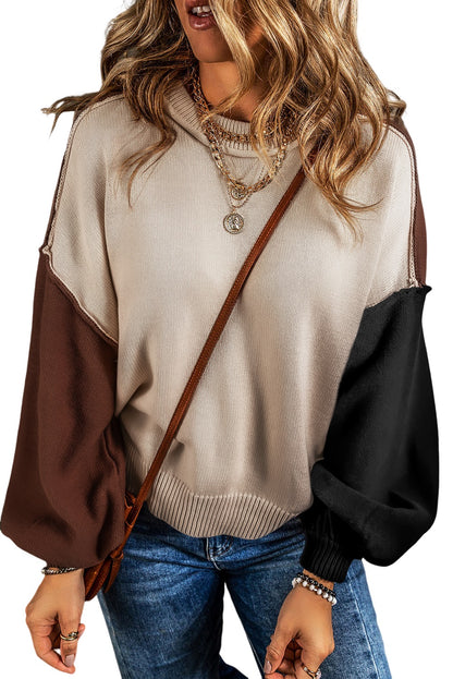 Chicory Coffee Contrast Color Exposed Seam Drop Shoulder Sweater