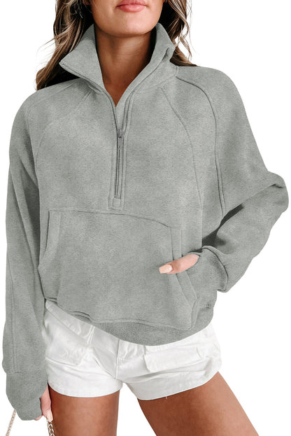 Black Zip Up Stand Collar Ribbed Thumbhole Sleeve Sweatshirt