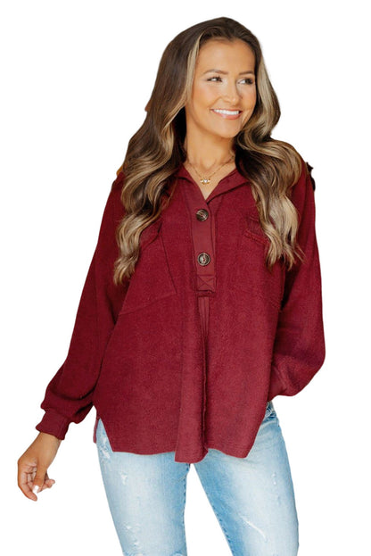 Red Polo Collar Buttoned Patchy Top with Pockets