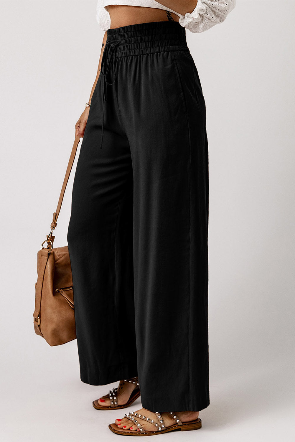 Blue Drawstring Elastic Waist Casual Wide Leg Pants