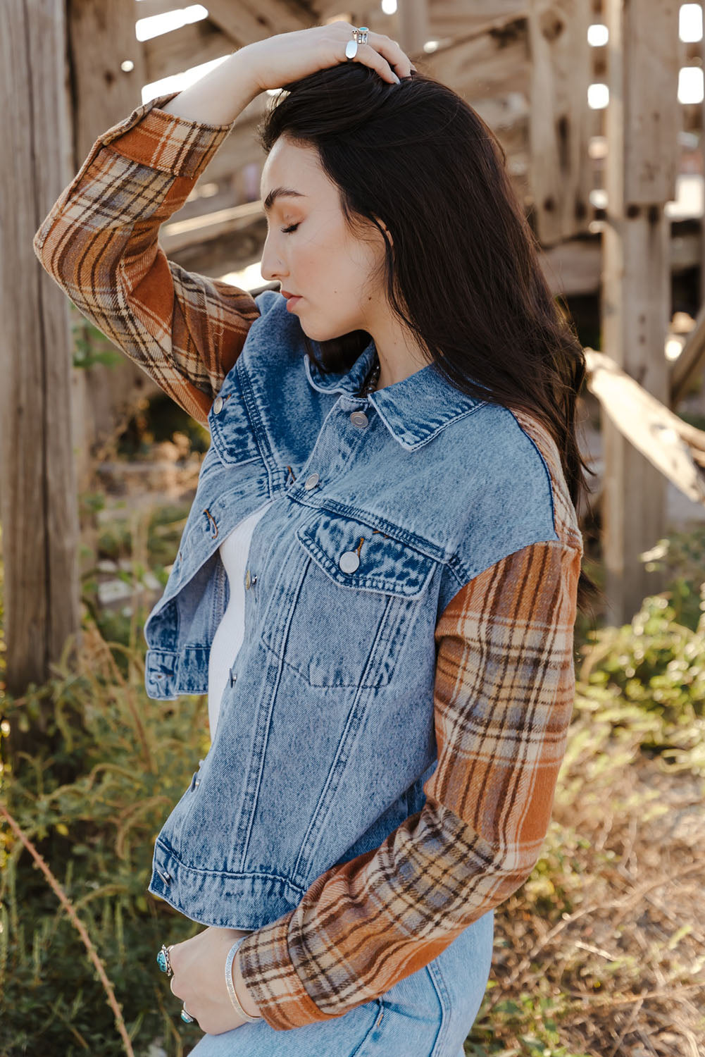 Sky Blue Medium Wash Plaid Sleeves Denim Jacket