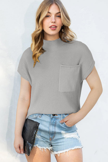 Gold Flame Patch Pocket Ribbed Knit Short Sleeve Sweater