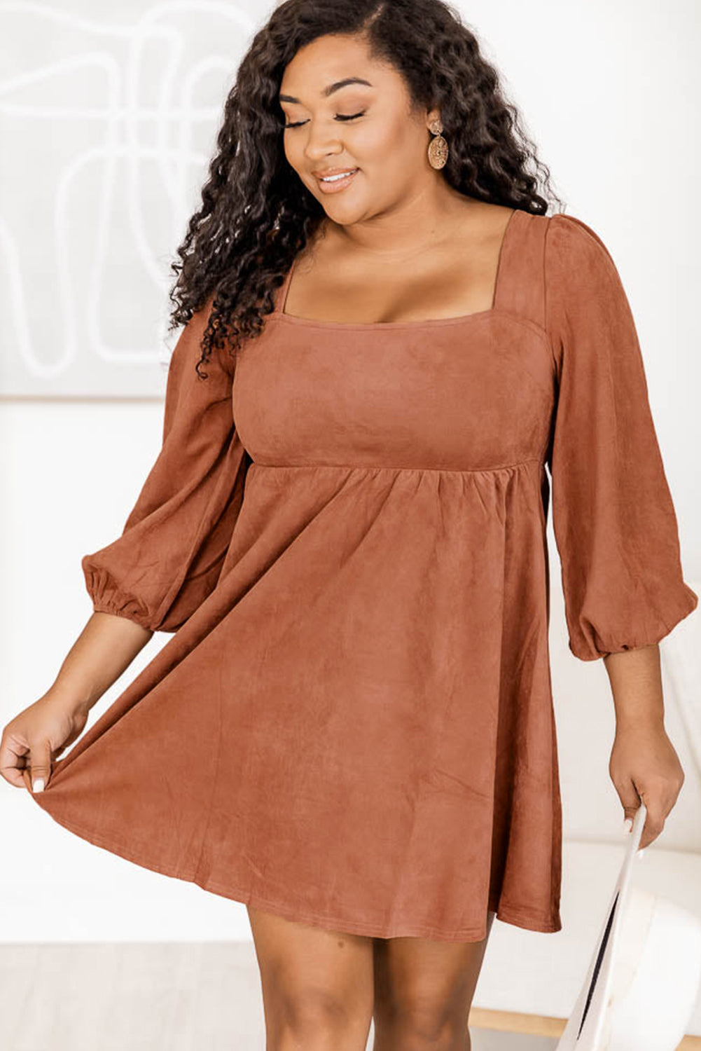 Brown Suede Square Neck Puff Sleeve Dress