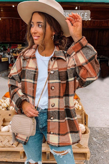 Red Plaid Print Buttoned Shirt Jacket