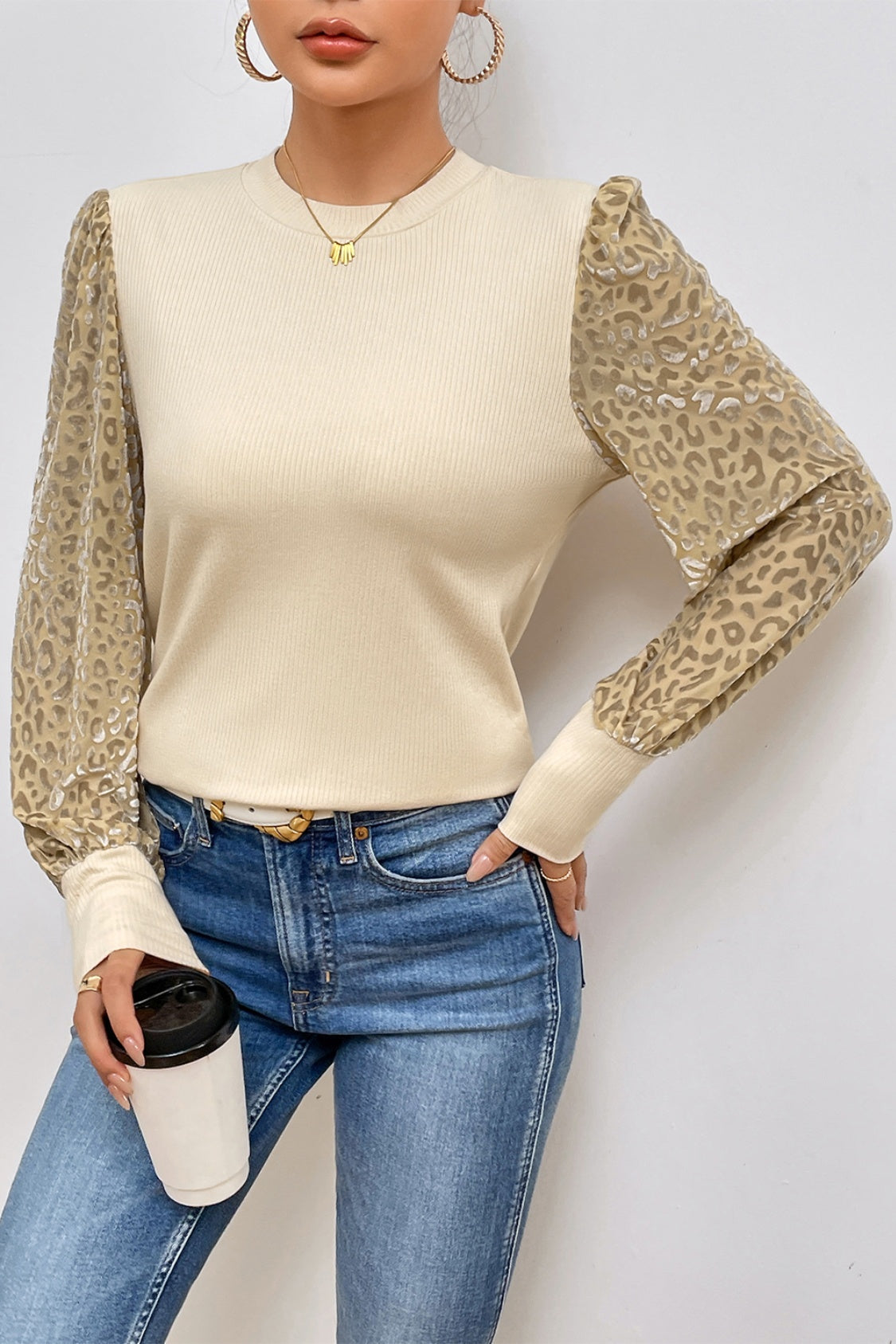 Leopard Print Long Sleeve Ribbed Knit Blouse