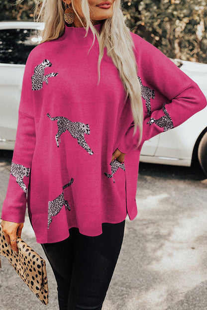 Parchment Lively Cheetah Print High Neck Split Hem Sweater