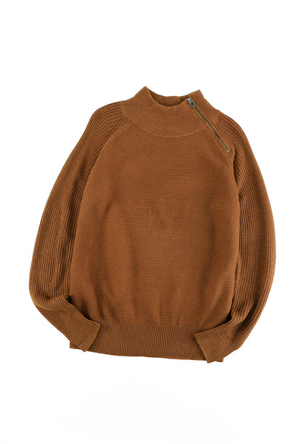 Brown Zip Knitted High Neck Sweater