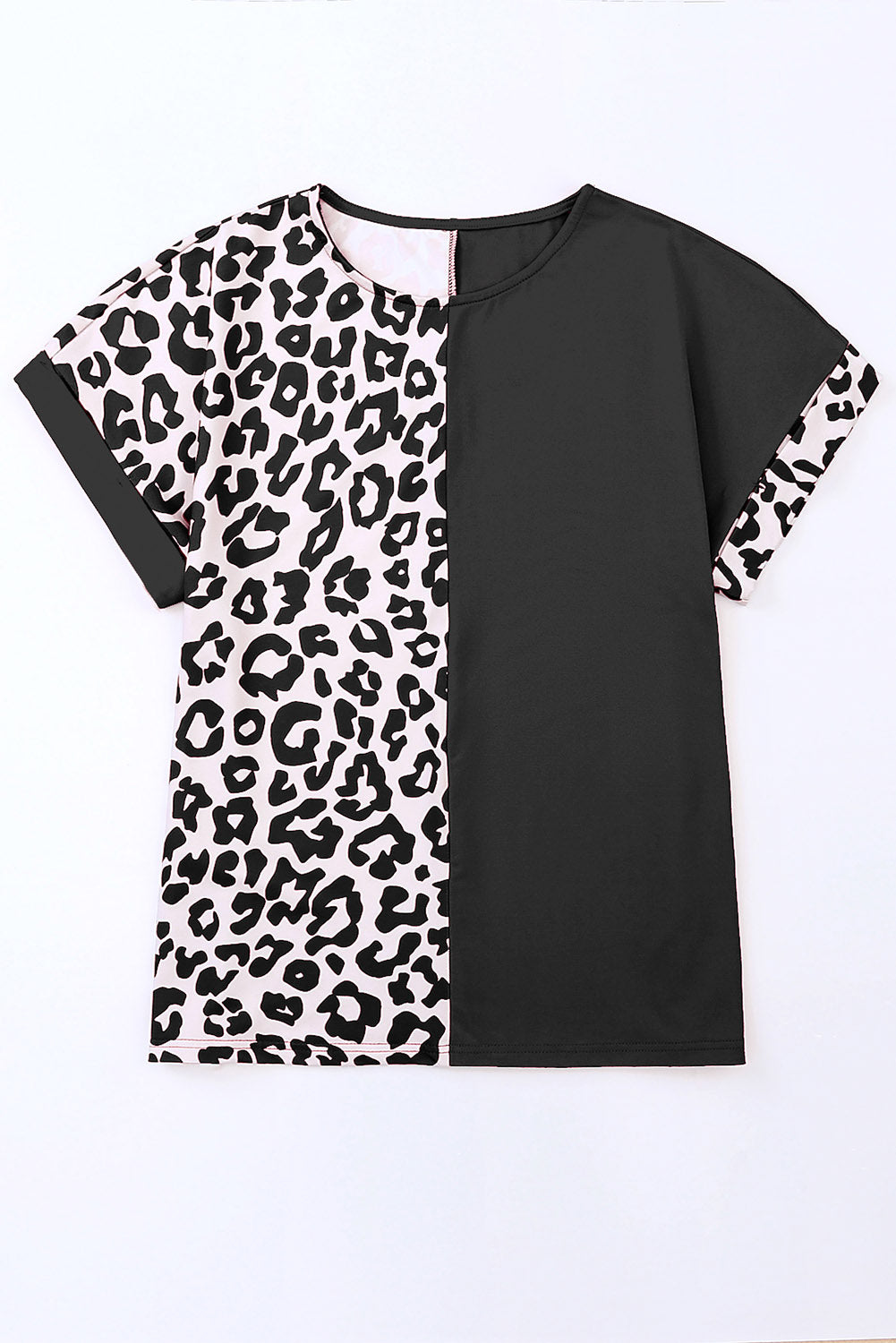 Black Contrast Solid Leopard Short Sleeve T-shirt Dress with Slits