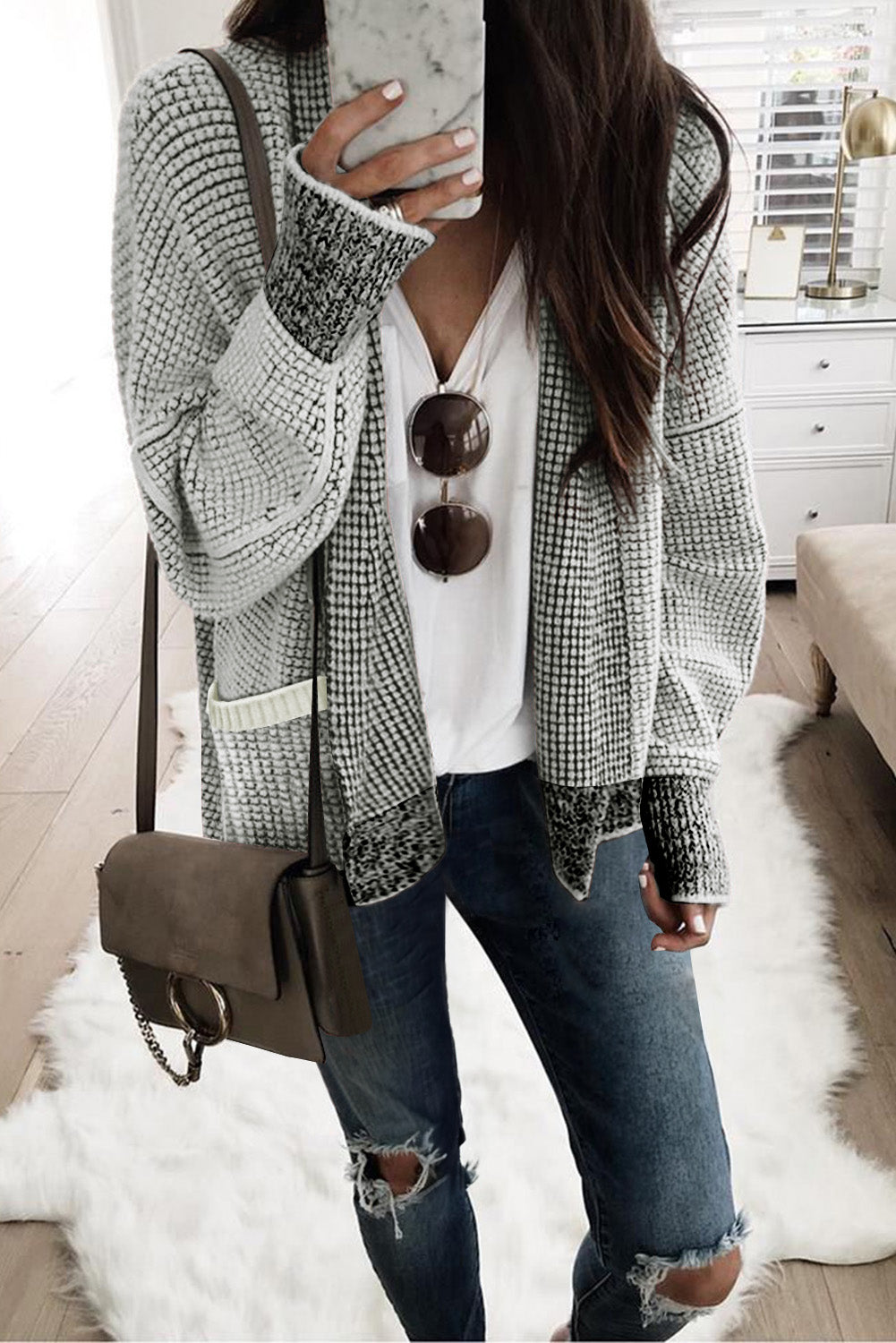 Rose Plaid Knitted Long Open Front Cardigan