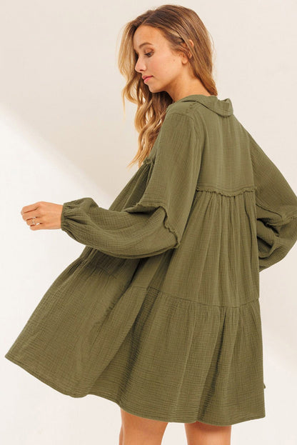 Green Frayed Trim Split Neck Puff Sleeve Flared Dress