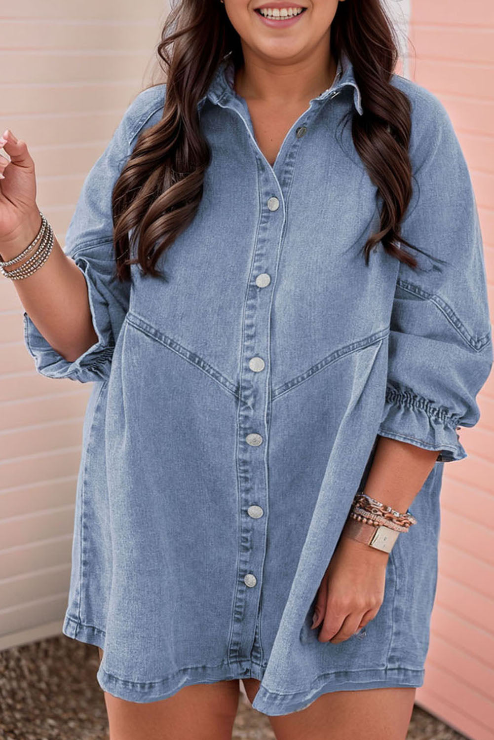 Sky Blue Buttoned Long Sleeve Denim Mini Dress