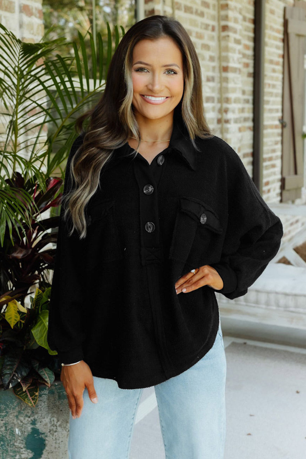 Red Polo Collar Buttoned Patchy Top with Pockets