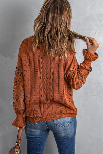 Apricot Crochet Lace Pointelle Knit Sweater