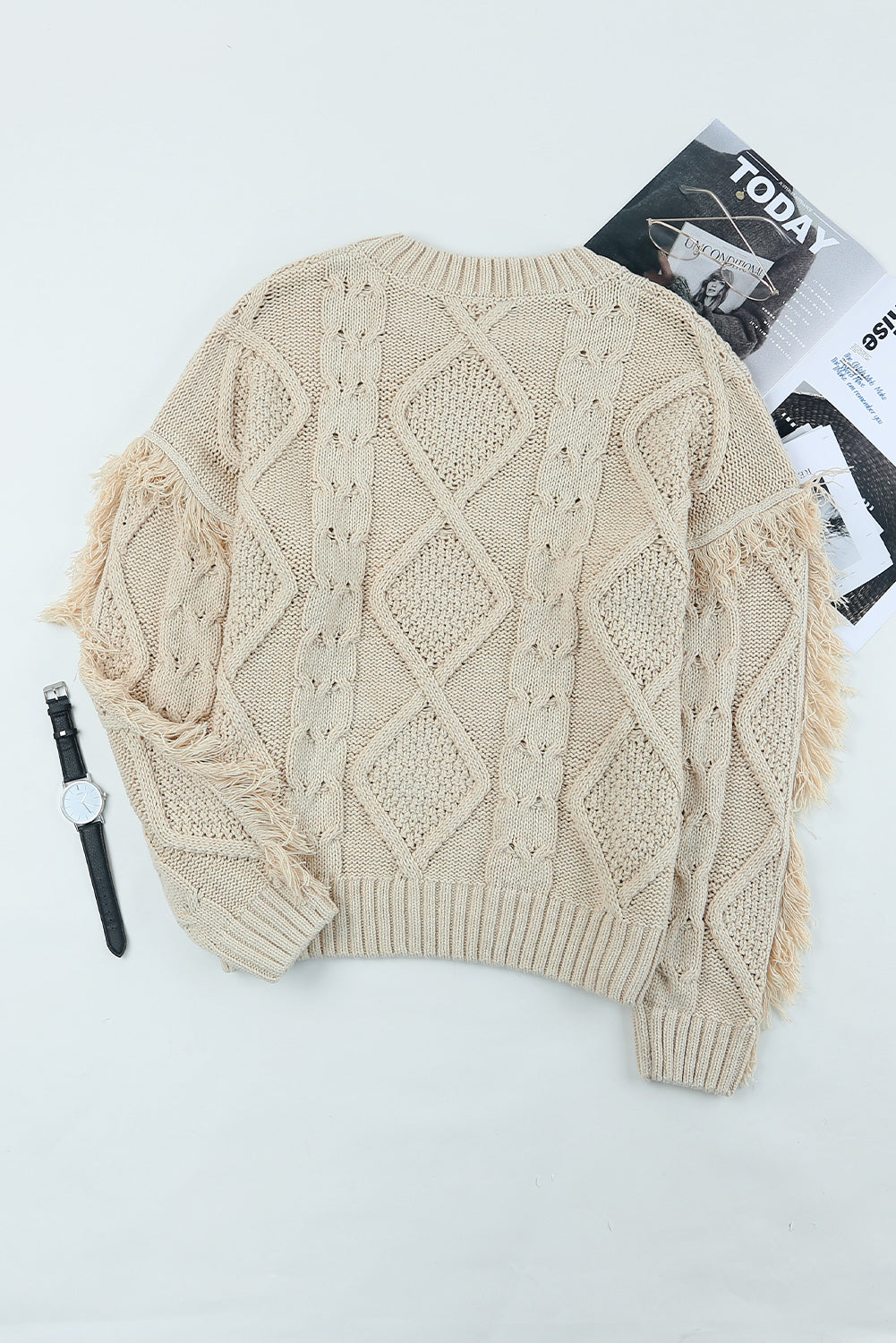 Apricot Cable Knit Fringe Trim Sweater