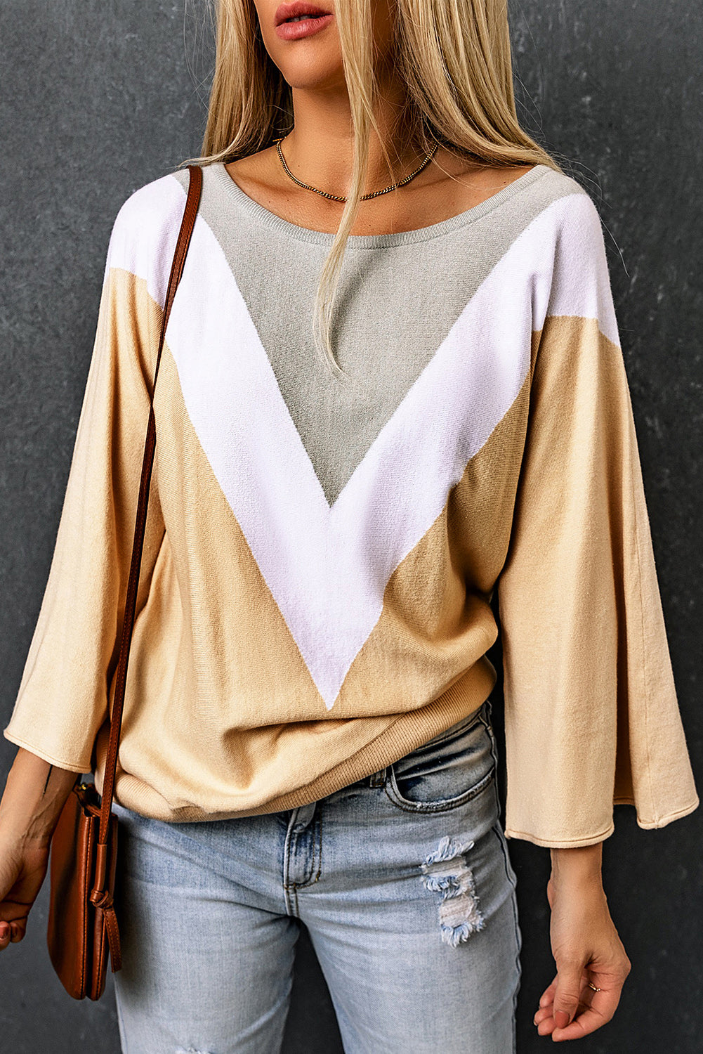 Apricot 3/4 Sleeve Chevron Color Block Sweater