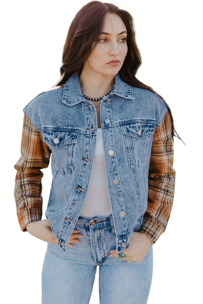 Sky Blue Medium Wash Plaid Sleeves Denim Jacket