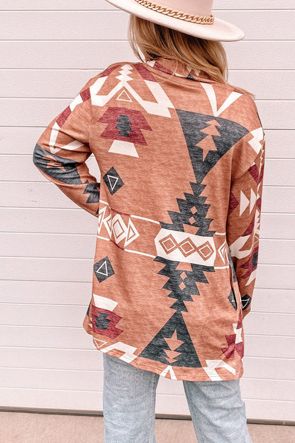 Khaki Western Aztec Print Open Front Cardigan