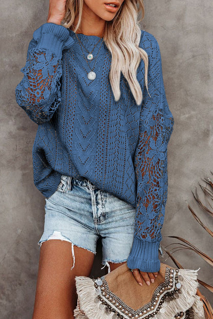 Apricot Crochet Lace Pointelle Knit Sweater