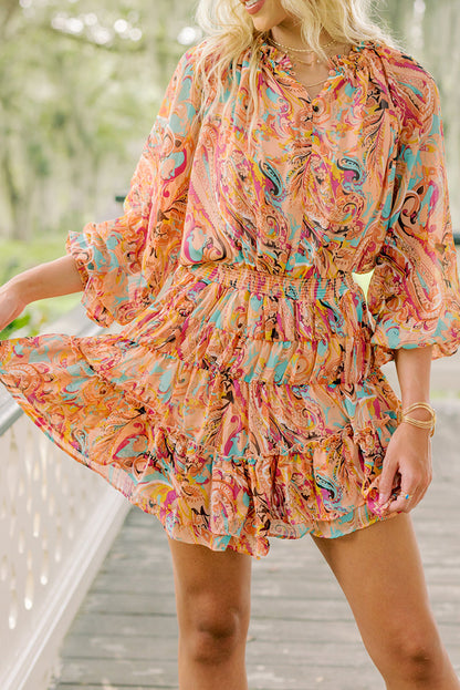 Multicolor Paisley Print Frilled Mini Dress