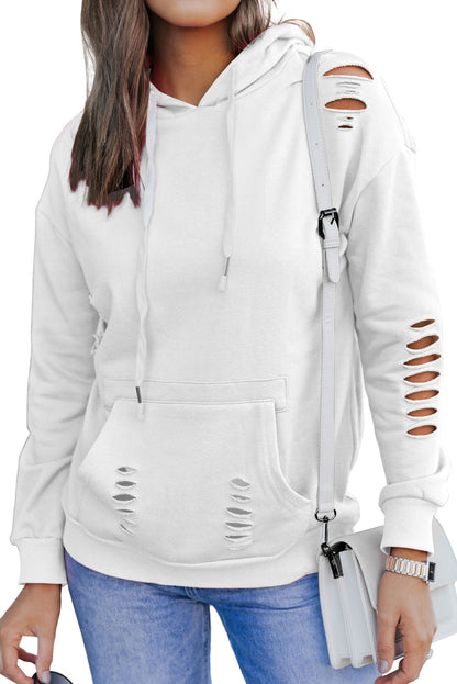 White Solid Ripped Hooded Sweatshirt with Kangaroo Pocket