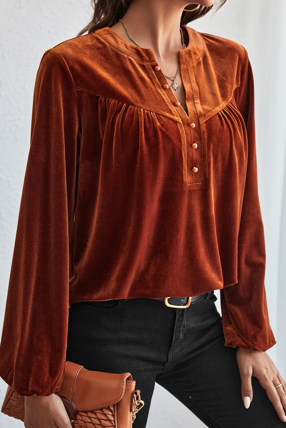 Skobeloff Lantern Sleeve Beaded Split V Neck Velvet Top