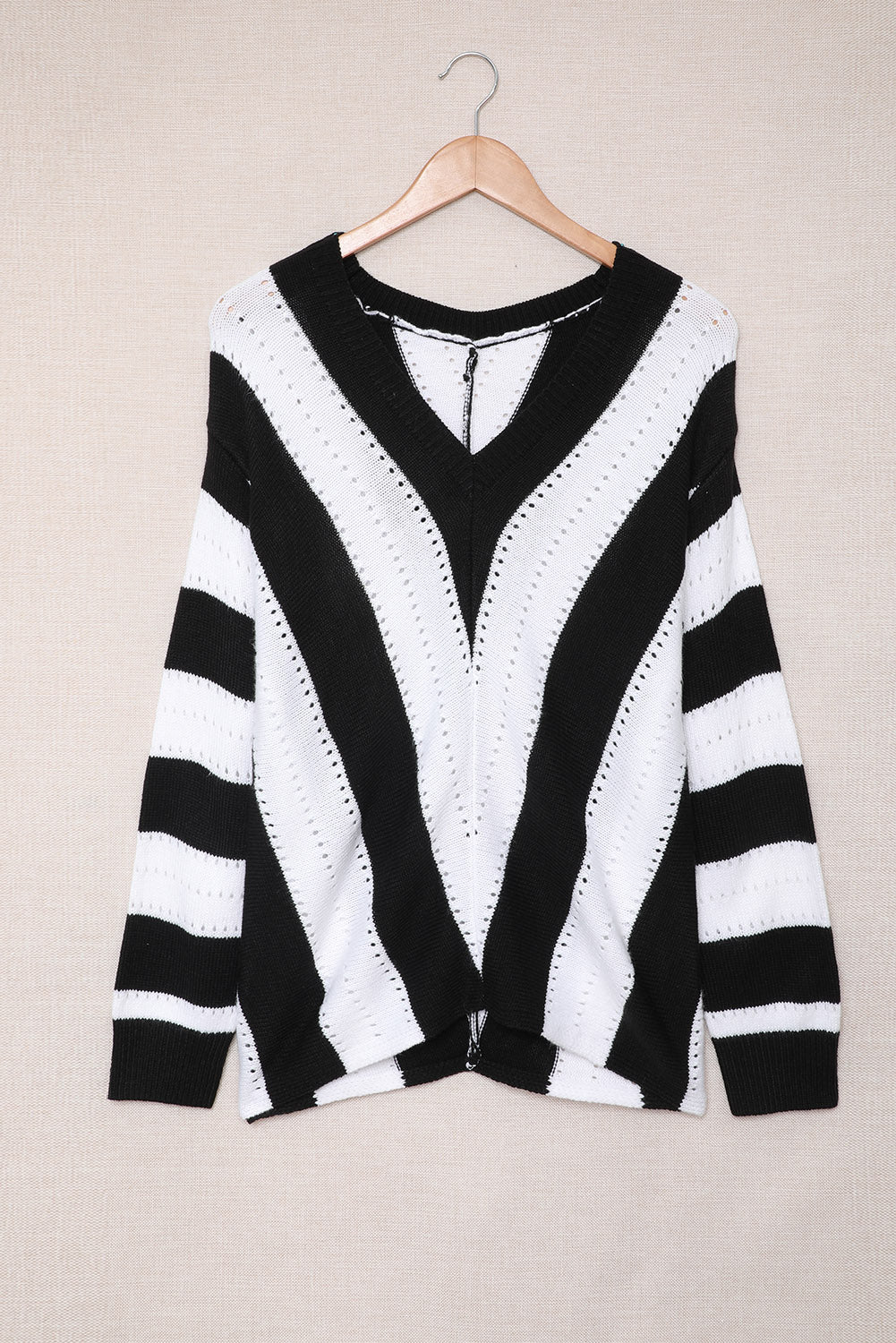 Gray Striped Colorblock V Neck Knitted Sweater