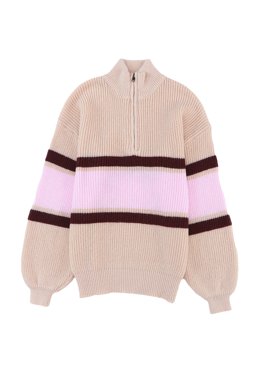 Apricot Striped Color Block Knit Zip Collared Sweater