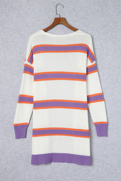 Multicolor Striped Long Sleeve Ribbed Trim Button Cardigan