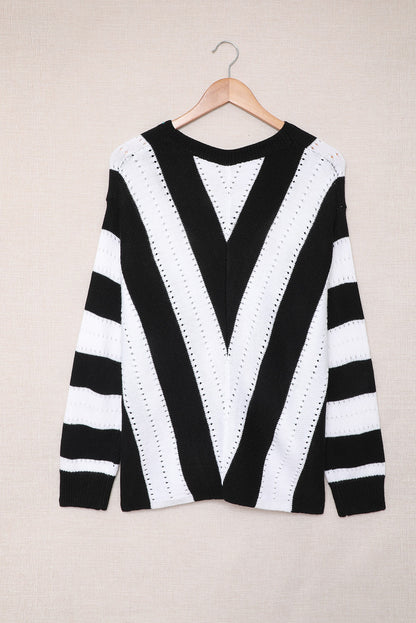 Gray Striped Colorblock V Neck Knitted Sweater