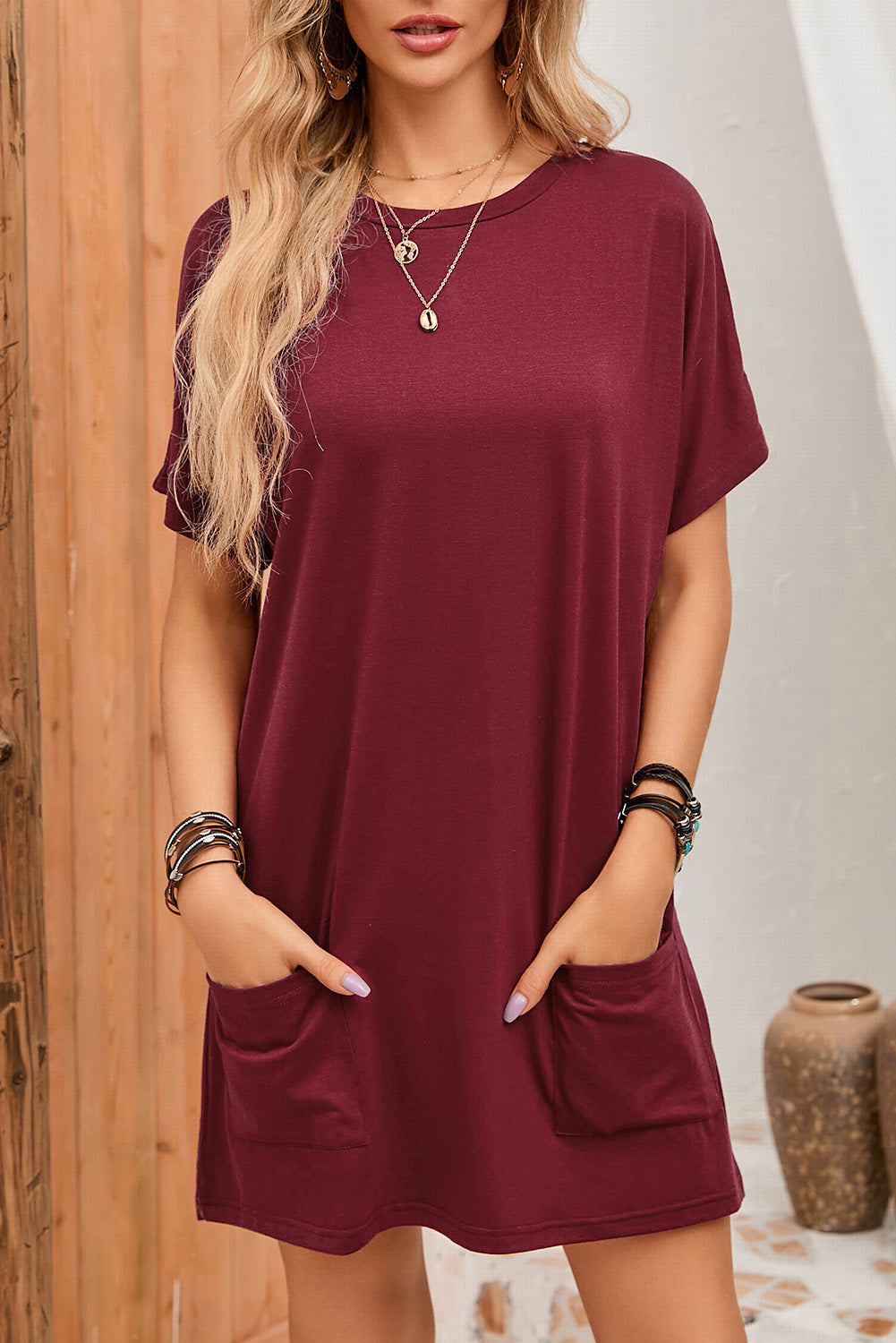 Rose Side Pockets Short Sleeve Tunic Top